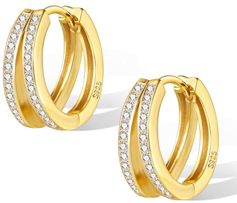 Creolen Gold Doppel Ohrringe Damen, ALEXCRAFT Kleine Creolen mit Stein Strass Zirkon Ohrringe Gold, Glitze Silber 925 Creolen Klobige 9ct Gold Ohrringe Vergoldete Knorpel Huggie Kreolen Kleine