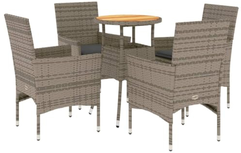 vidaXL Garten Essgruppe 5-TLG., Gartenmöbel Set mit Kissen, Gartengarnitur Tisch 4 Stühle, Lounge Sitzgruppe Sitzgarnitur, Grau Poly Rattan Akazie