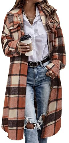 Jhsnjnr Veste à carreaux en flanelle pour femme, surdimensionnée, manches longues, revers boutonné, chemise à carreaux, en coton, veste longue, Orange, M