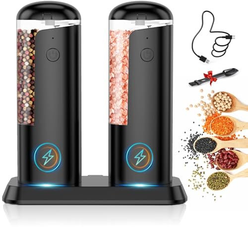 Molinillo de sal y pimienta eléctrico Set: ajustable automático Molinillo de pimienta de tamaño recargable Molinillo de sal y pimienta recargable Gran capacidad