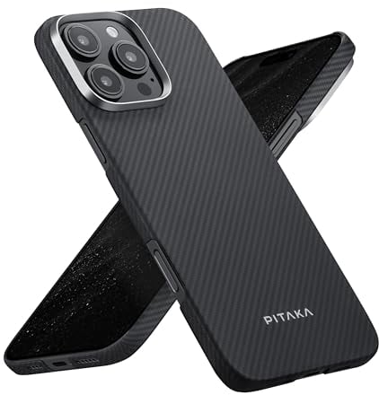 pitaka Ultradünne Hülle für iPhone 16 Pro Max aus Aramidfaser in Luftfahrtqualität Ultraleichte Handyhülle Kompatibel mit Magsafe Magnetische Schutzhülle mit Kameraschutz Schwarz/Grau