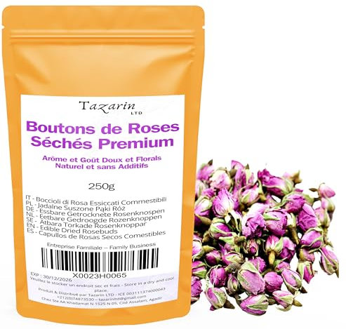 250g Boccioli di Rose Commestibili Premium - Infuso di tè ai Petali di Rose dell'Atlante Essiccati - Aroma e Gusto Dolce e Floreale - 100% Naturale, Puro e Senza Additivi | TazarinLtd