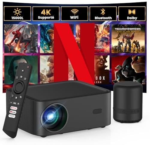 HOPVISION Mini Proiettore【Netflix/Prime Video/Youtube Ufficiale】con altoparlante BT, 15000L Proiettore Portatile WiFi Bluetooth, Proiettore 4k 1080P Full HD per Dolby/Android/iOS/PS5
