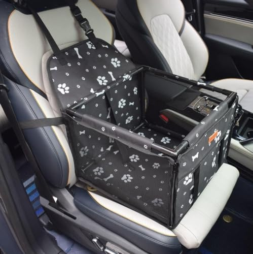 GoBuyer Waterproof Pet Dog Car Seat Booster Carrier Box and Basket with Seat Belt Harness Restraint for Puppy Cat Travel (Black Bone, Standard 40x40cm)
