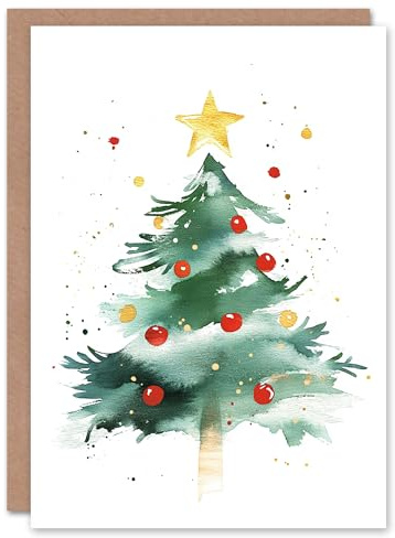Wee Blue Coo Red Yellow Bauble Tree Bright Festive Fun Xmas Art Blank For All Christmas Card
