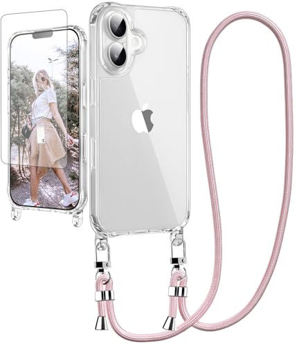Ciciber Handykette Hülle für iPhone 16 Handyhülle mit Band und Schutzfolie, Transparent Case mit Schnur zum Umhängen Kordel Necklace Hülle Schutzhülle für iPhone 16 6.1, roségold