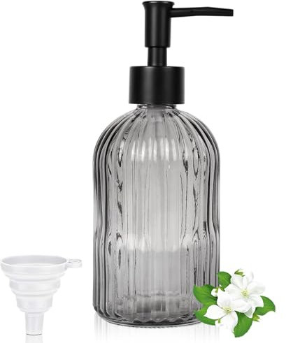 GKSCXEXE 400ml Grey Glass Soap Dispenser with Plastic Pump & Funnel, Clear Hand Soap Dispenser Bathroom Kitchen Liquid Soap Container, Handwash Dispenser Bottle for Shower Gel, Shampoo, Dish Soap