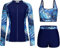 Kate Kasin Damen Schwimmanzug Langarm Jacke Gepolsterte Tops Slip Blumendruck Frühling Sommer Marineblau-blaues Blatt M