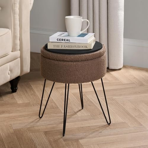 OHS Boucle Dressing Table Stool, Storage Vanity Stool Chairs for Dressing Table Bedroom Living Room Hairpin Legs Ottoman Stool Decorative Padded Teddy Fleece Pouffe - Mink