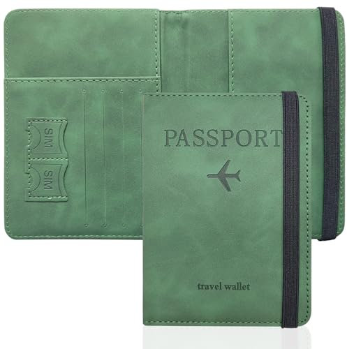 Reisepasshülle, Reisepasshülle aus PU-Leder, Reisebrieftasche für Reisepass, Ticketkarte, Bordkarten, Kreditkarte, Visitenkarten (Grün)