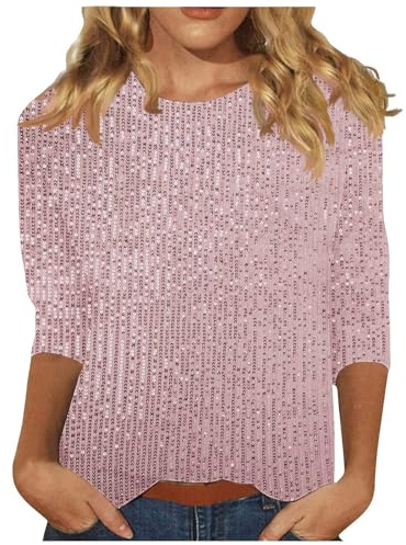 3/4 Sleeve Squin Top for Women Loose Glitter Tops Sparkle Sequin Top Crew Neck Long Sleeve Tunic Tops Glitter Party Tops Elegant Evening Top for Women UK Plus Size Casual Tees Sparkly T Shirts