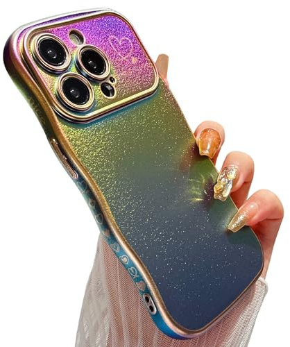 ZTOFERA Cute Curly Wavy Case for iPhone 14 Pro (6.1), Girls Women Luxury Fluorescent Matte Soft Silicone Case with Love Heart Pattern Plated Rim Shockproof Cover, Colorful