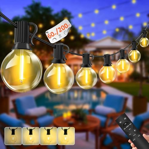 GHUSTAR Lichterkette Außen Dimmbar- 60M Outdoor Lichterkette Strom 78+2 LED G40 Glühbirnen Wetterfest Balkon Lichterkette Aussen mit Fernbedienung IP44 Wasserdicht für Garten Party Terrasse Warmweiß