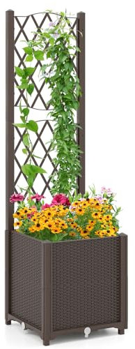 COSTWAY Jardinière avec Treillis sur Pied, Bac de Plantation Auto-arrosage en Rotin PP avec Trou de Drainage, Lit de Jardin pour Plantes Grimpantes, Légumes, Fleurs, Café, 40 x 40 x 140 cm