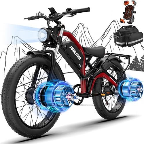 Electric Bike for Adults, 3000W 35MPH Dual Motor Ebike with 52v23Ah Battery Electric Bicycle,26 Fat Tire Ebikes for Adults, Max 80 Miles Electric Motorcycle,7 Speed Full Suspension E Bike (Rose Red)