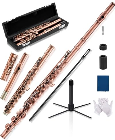 AKLOT Closed-Hole Concert C Flute: Flute Instrument with 16 Keys, Offset G, Smooth Cupronickel Keys, Air-Tight Pads, Include Stylish Leather Hard Case, Cleaning Kit, Stand, Gloves (LUM-CE)