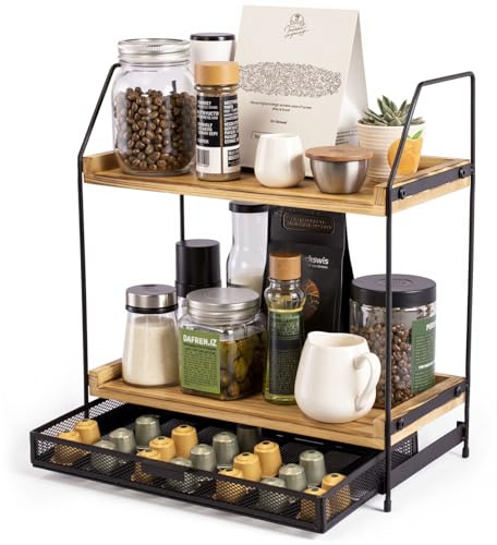 Krbnk Wooden Coffee Bar Organizer - 2-Tier Coffee Station Organizer with Pod Holder, Coffee Pods Storage Drawer, Coffee Station Accessories, Condiment Storage Caddy for Kitchen, Office & Home