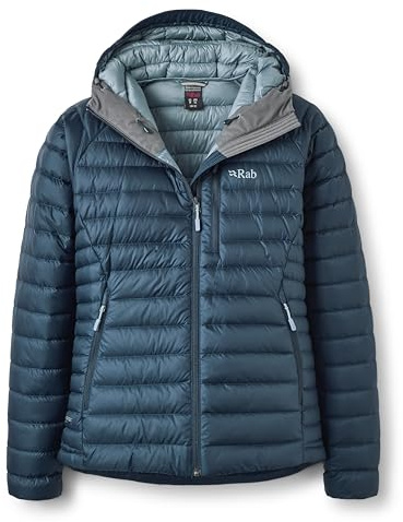 Rab Women's Microlight Alpine Jacket - Hooded Down Insulated Coat for Trekking, Climbing, & Skiing - Tempest Blue - Medium
