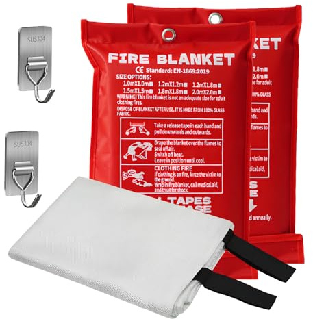 Xylota Feuerlöscher Löschdecke Küche-2 Stück Feuerlöscher Löschdecke Küche Camping, 1m x 1m Glasfaser. DIN EN 1869:2019. Brandschutzdecke für Fettfeuer in Auto, Schule, Küche