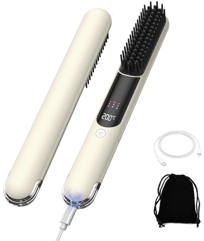 Cordless Hair Straightener Brush, Cordless Heated Hair Brush, Heat Brush with USB Rechargeable Negative Ion ，4 Temperature Settings & LED Screen, Portable Straightener Brush for All Hair Type