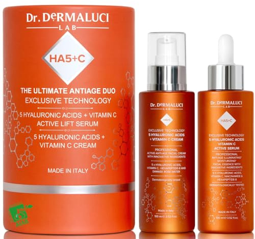 Dr. Dermaluci Lab - Geschenkset Damen/Herren Geburtstag BIO - Anti-Falten, Feuchtigkeit, Strahlend - Vitamin C Serum + Creme 5 Hyaluronsauren 2x100ml - Hexapeptid, Centella - Made in Italy