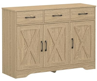 Panana Wooden Sideboard 3 Drawers 3 Doors Entryway Dining Room Console Living Room Storage Farmhouse Sideboard Cabinet (Oak)