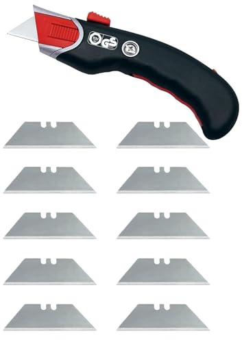 WEDO Safety Cutter Premium – Sicherheitsmesser mit automatischem Klingenrückzug, Metallgriff & Gummieinsatz, ergonomisch für Rechts- & Linkshänder (Cutter + 10 Trapez Ersatzklingen)