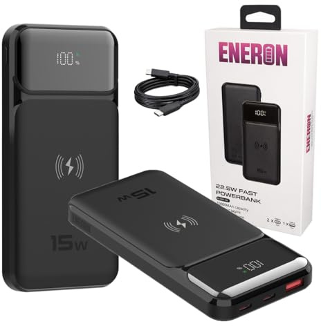 Eneron Powerbank 10000mAh mit 22,5W USB-C Schnellladefunktion und 15W Kabellosem Laden, Leichtes Tragbares Ladegerät, Externer Akku kompatibel mit iPhone, Samsung, iPad
