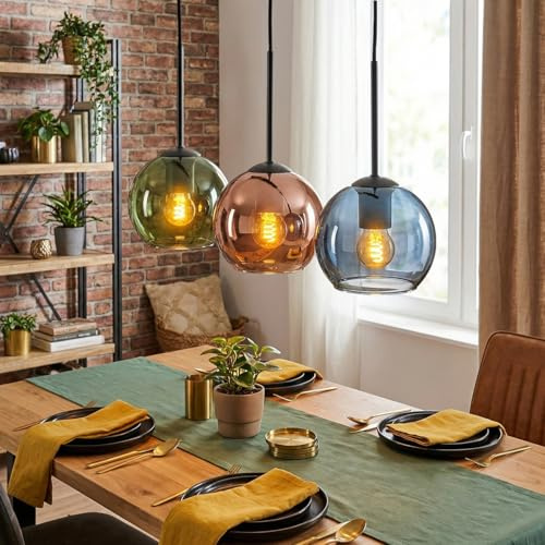 HOFSTEIN Hängeleuchte Koyoto, 3-flammige Hängelampe aus Metall/Glas in Schwarz/Blau/Grün/Kupfer, moderne Pendelleuchte im Retro/Vintage-Design, Schirme Ø 15 cm, E27, Esszimmer, Küche, Wohnzimmer