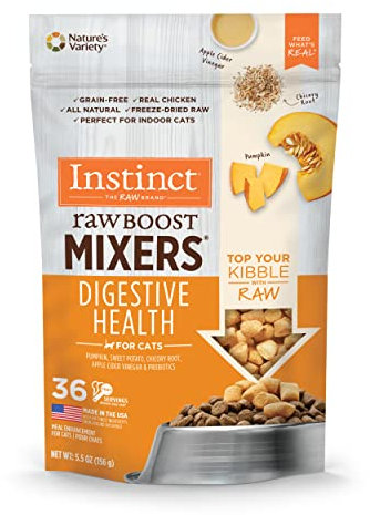 Instinct Raw Boost Mixers, gefriergetrocknetes Katzenfutter Toppers mit funktionellen Inhaltsstoffen, getreidefrei, echtes Huhn – Verdauungsgesundheit, 155 g Beutel