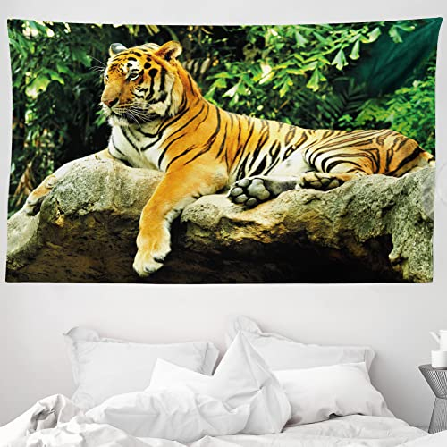 ABAKUHAUS Tiger Wandteppich und Tagesdecke, Big Cat Resting in Wald aus Weiches Mikrofaser Stoff Waschbar ohne Verblassen Digitaldruck, 230 x 140 cm, Kamel Grün