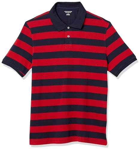 Amazon Essentials Men's Regular-Fit Cotton Pique Polo Shirt (Available in Big and Tall), Navy Red Rugby Stripe, L