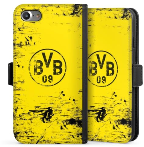 Klapphülle kompatibel mit Apple iPhone SE 2020 Handyhülle aus Kunst Leder schwarz Flip Case Borussia Dortmund Offizielles Lizenzprodukt BVB