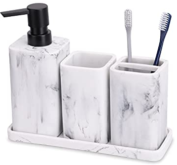 zccz Marble Bathroom Accessory Set - 4 Piece Complete Set - Soap Dispenser, Toothbrush Holder, Tray, Tumbler - Vanity Organizer, White