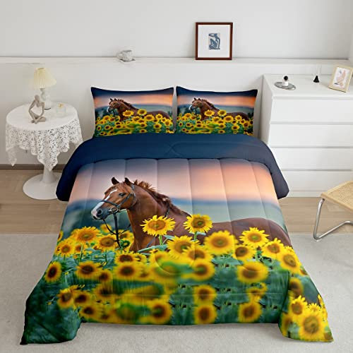 Feelyou Pferde-Steppdecken-Set mit Sonnenblumen-Motiv, für Kinder und Erwachsene, Schmusetuch mit floralem Bauernhof-Dekor, gestepptes Bettwäsche-Set mit Bauernhof-Tier-Bettwäsche mit 1 Kissenbezug