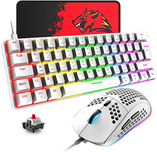 T60 UK Layout 60% Mechanical Keyboard and Mouse Set, Compact 62 Keys Mini Wired Gaming Keyboard 19 Rainbow Backlit + 6400DPI RGB Ultra-Light PC Gaming Mice + Mouse Pad For Laptop/MAC-White/Red Switch