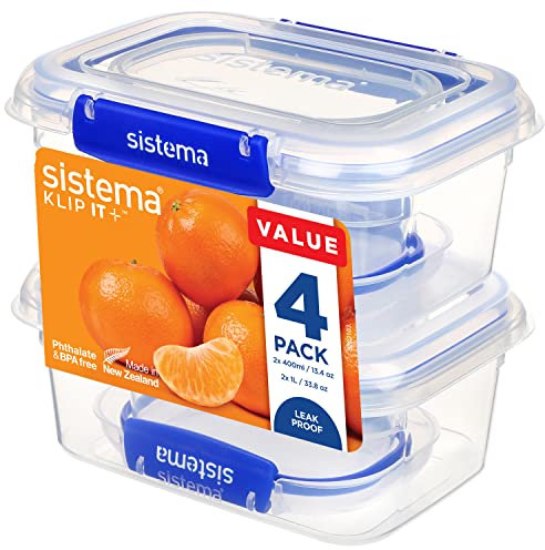 Sistema KLIP IT PLUS Food Storage Containers | 4 Piece Airtight Containers Starter Set | Leak-Proof Seal | Easy Locking Clips | BPA-Free
