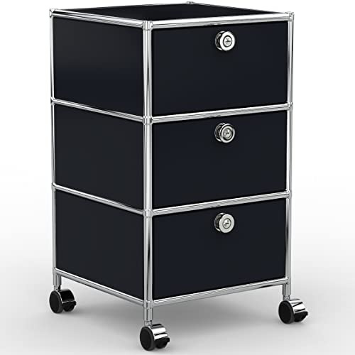 System8X Rollcontainer 40cm mit 3 Schubladen aus Metall Chrom in Graphitschwarz auf Rollen für harten Boden - Für Home-Office