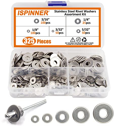 ISPINNER Assortiment de 325 rondelles de rivet de secours, rondelles en acier inoxydable pour rivets aveugles de diamètre 3/32, 1/8, 5/32, 3/16, 1/4