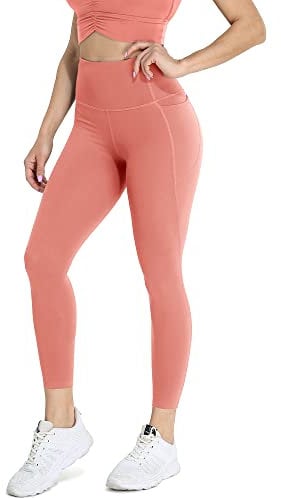 icyzone Damen Sport Leggings 7/8 Hohe Taille Yoga Tights Sport Hose Jogginghose mit Tasche (L, Rustic Coral)