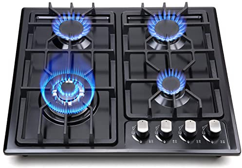 Table de cuisson à gaz de 56 cm, plaque de cuisson à gaz intégrée, 4 brûleurs, poêle en acier inoxydable avec kit de conversion NG/GPL, protection thermocouple et facile à nettoyer