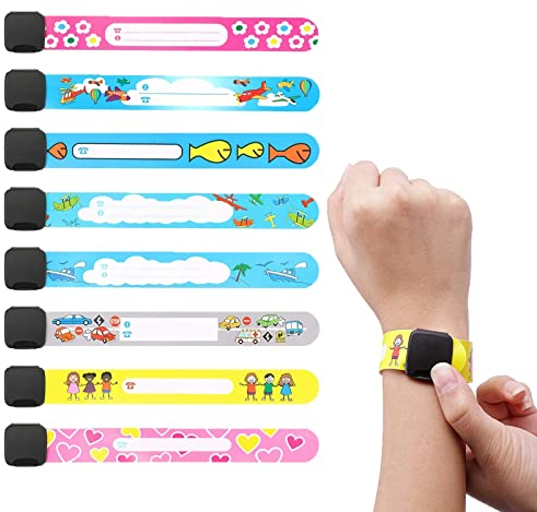 Bracciale identificativo per bambini, braccialetto bambini antismarrimento di emergenza, riutilizzabile e impermeabile, adatto per i viaggi, il gioco e la scuola dei bambini (8 pezzi)