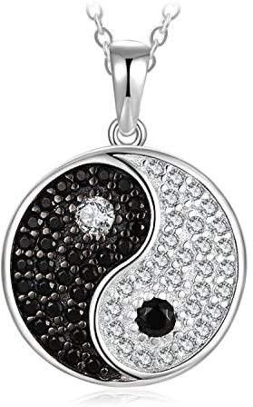 JewelryPalace Ying Yang Taichi Echt Schwarz Spinell Zirkonia Kette Anhänger 45CM, Halsketten mit Rundem Anhänger Schmuck Set Frauen, Halskette Damen Silber 925 Collier Damen Edelstein Mädchen