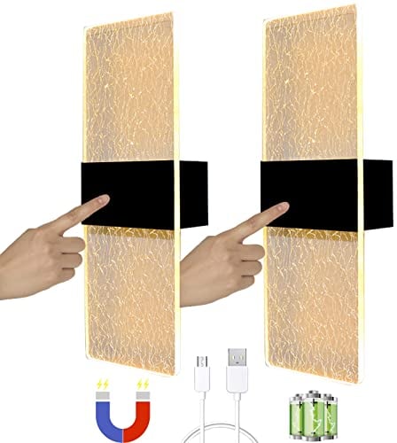 LED Touch Control Wall Lamp Modern Indoor Wall Light With Switch USB Rechargeable Battery Wall Light, Magnetic Installation, Black Wireless Wall Sconces Lighting 3000K Brightness Adjustable 2 Pack