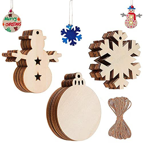30PCS Natural Wood Slices Christmas Tree Hanging Ornaments Christmas Wooden Snowflake Snowman Baubles Blank Hanging Decoration with 10m Cords for Xmas Tree Decoration DIY Crafts Gift Tags