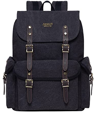 KAUKKO Canvas Retro Rucksack Damen Herren, Vintage Jagdrucksack Wanderrucksack mit 14 Zoll Laptopfach Backpack für Arbeit, Ausflüge, Uni, 20L, Schwarz-FP703