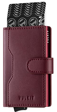 VULKIT Portefeuilles et Porte-Cartes Homme Securise RFID avec 3 Fentes pour Cartes et 1 Fenêtre ID Porte Carte Bancaire en Cuir Porte Carte Metallique Automatique avec Magnétique Fermé, Vin