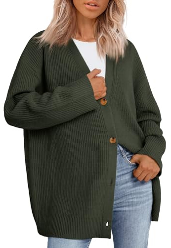 LILLUSORY Damen Strickjacke 2023 Open Front Oversized Button Leichte Pullover V-Ausschnitt Lose Strickjacken Stricken Outwear, Grün (Army Green), Klein