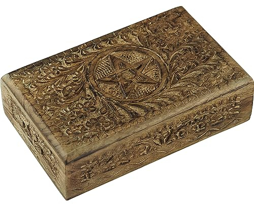 Craft&Style Deko Schatulle Kästchen Box Schachtel Kiste Dose aus Holz mit Deckel | Pentagramm Stern natur | L x B x H: 13 x 20 x 6 cm