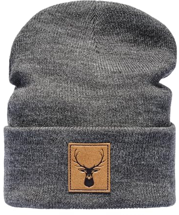 Outdoor Strickmütze: Hirsch mit Leder Patch - Bergsteigen Klettern Sport Wandern Jäger Jagd Jägermütze Wintermütze Beanie Mütze Damen & Herren Frauen & Männer Geschenk (One Size - Grau)